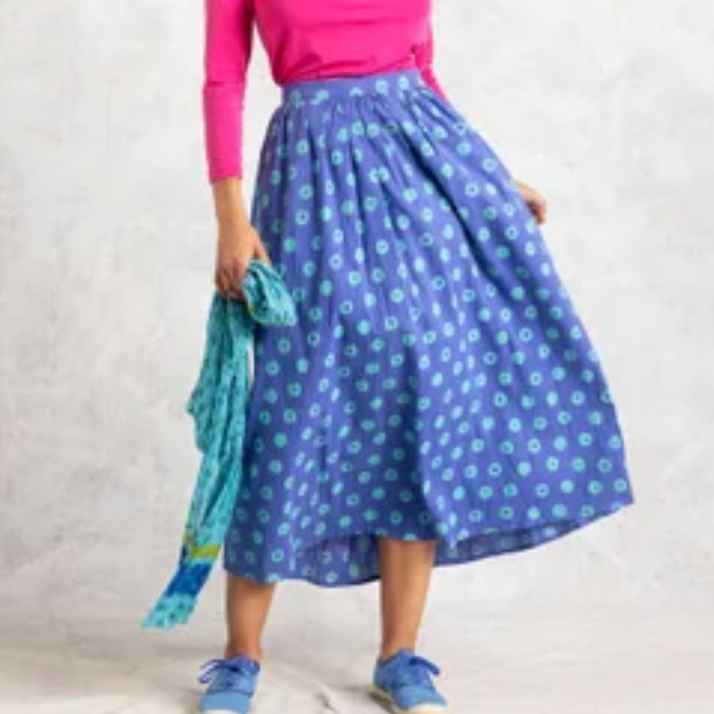 Gudrun Sjoden Blue Midi Skirt with Green Floral Pattern